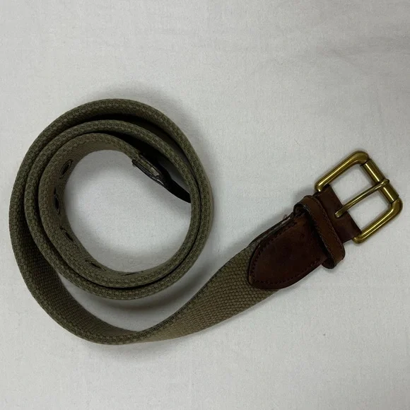 J Crew Woven Webbed Elastic Leather Belt with Square Buckle Made in USA Khaki - Picture 7 of 7